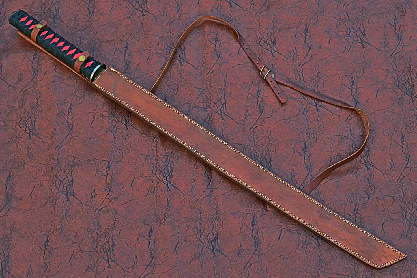 40 inches Long Ninja Sword, 28" Long Hand Forged Damascus Steel Blade, Steel Grip Wrapped with Black Fabric, Brass rain Guard, Includes Leather Scabbard with Shoulder Stripe