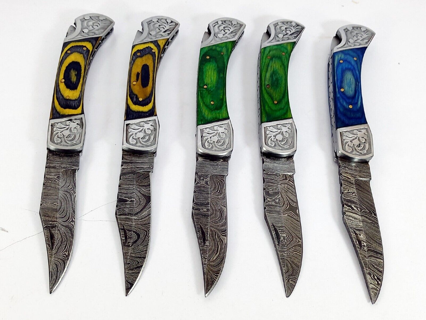 10 pieces Lot of Damascus steel blade back lock folding knife with Sheath, Engraved bolster, Assorted colors