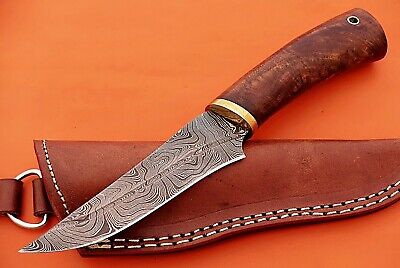 9" trailing point blood groove blade skinning knife, Walnut wood, Leather sheath