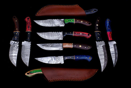 10 pieces Damascus steel Round scale skinning knives set with Leather sheath. Overall 85 inches long Damascus steel blade knives