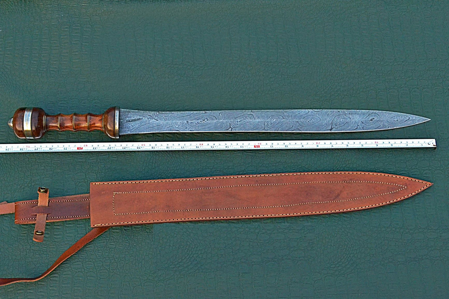 29 inches Long Maximus Gladuis Sword, 21" Long Hand Forged Damascus Steel Double Edge Blade, Hand Crafted Walnut Wood Grip with Brass Spacer, Leather Scabbard with Shoulder Stripe