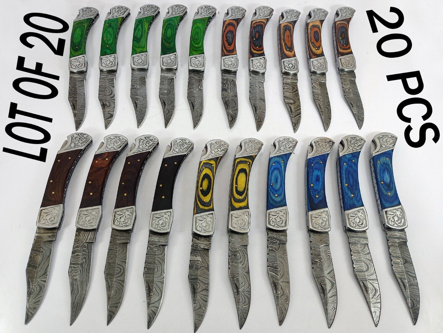 20 pieces lot of Damascus steel Back lock folding knife with Leather Sheath, Assorted color scales
