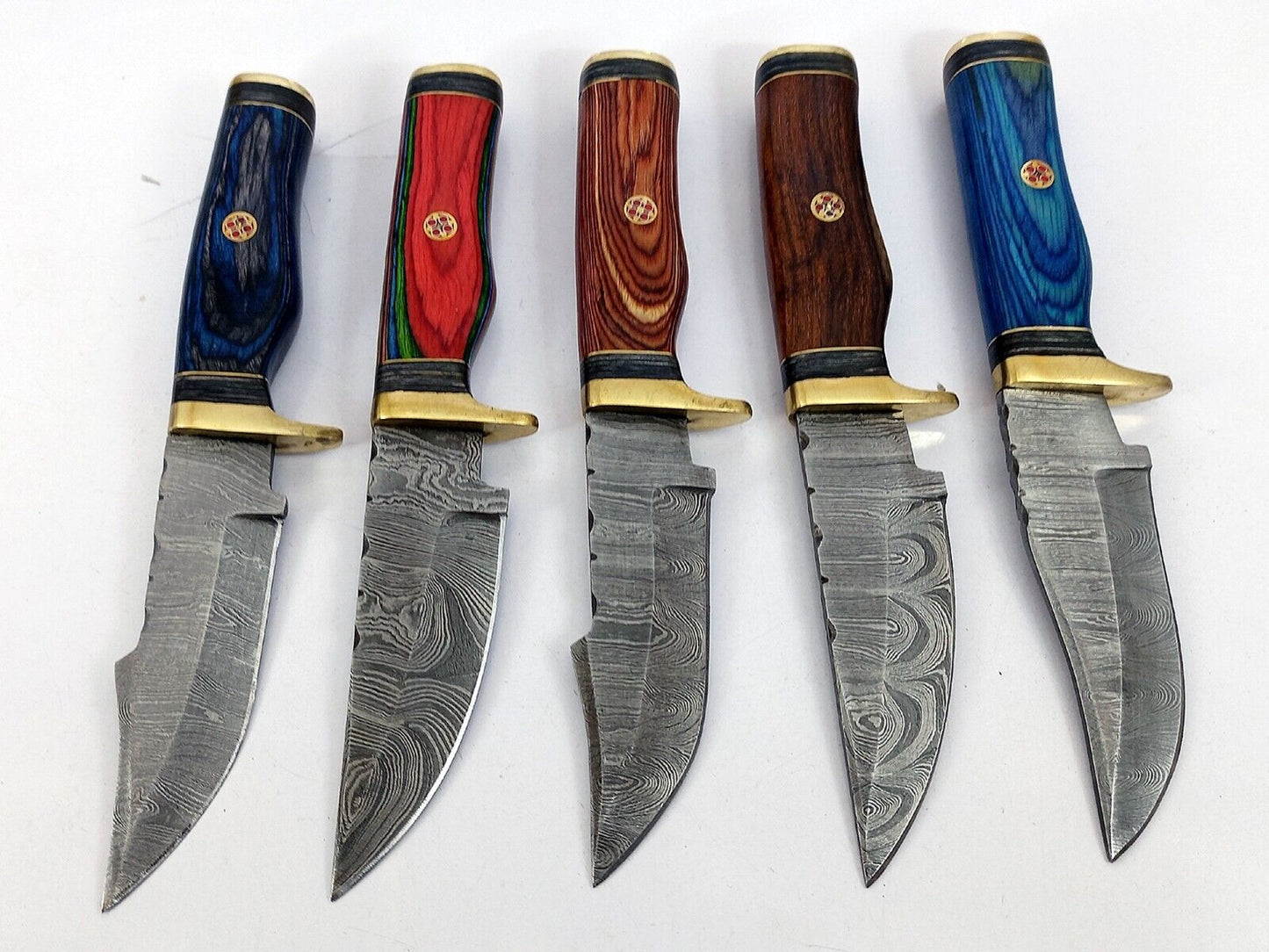 10 pieces Damascus steel Round scale skinning knives set with Leather sheath. Overall 85 inches long Damascus steel blade knives