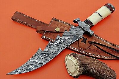13" Hunting knife, Damascus steel blade & Finger guard, Camel bone, Cow Sheath