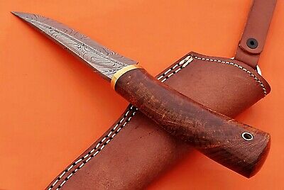 9" trailing point blood groove blade skinning knife, Walnut wood, Leather sheath