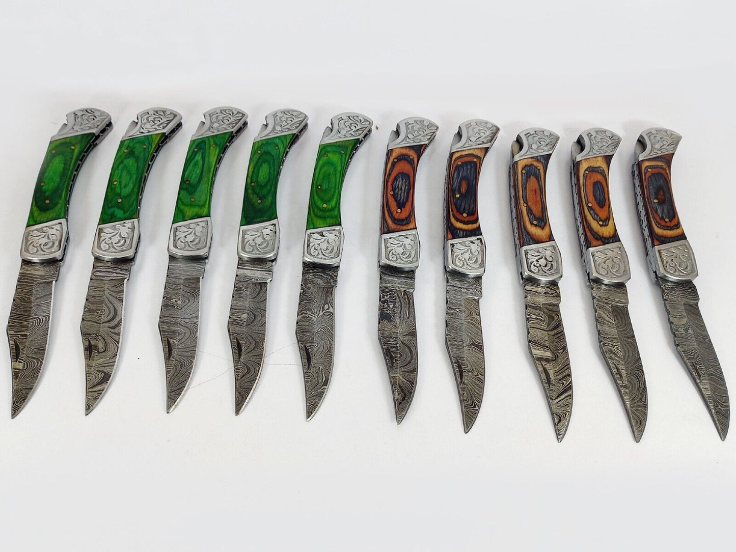 20 pieces lot of Damascus steel Back lock folding knife with Leather Sheath, Assorted color scales