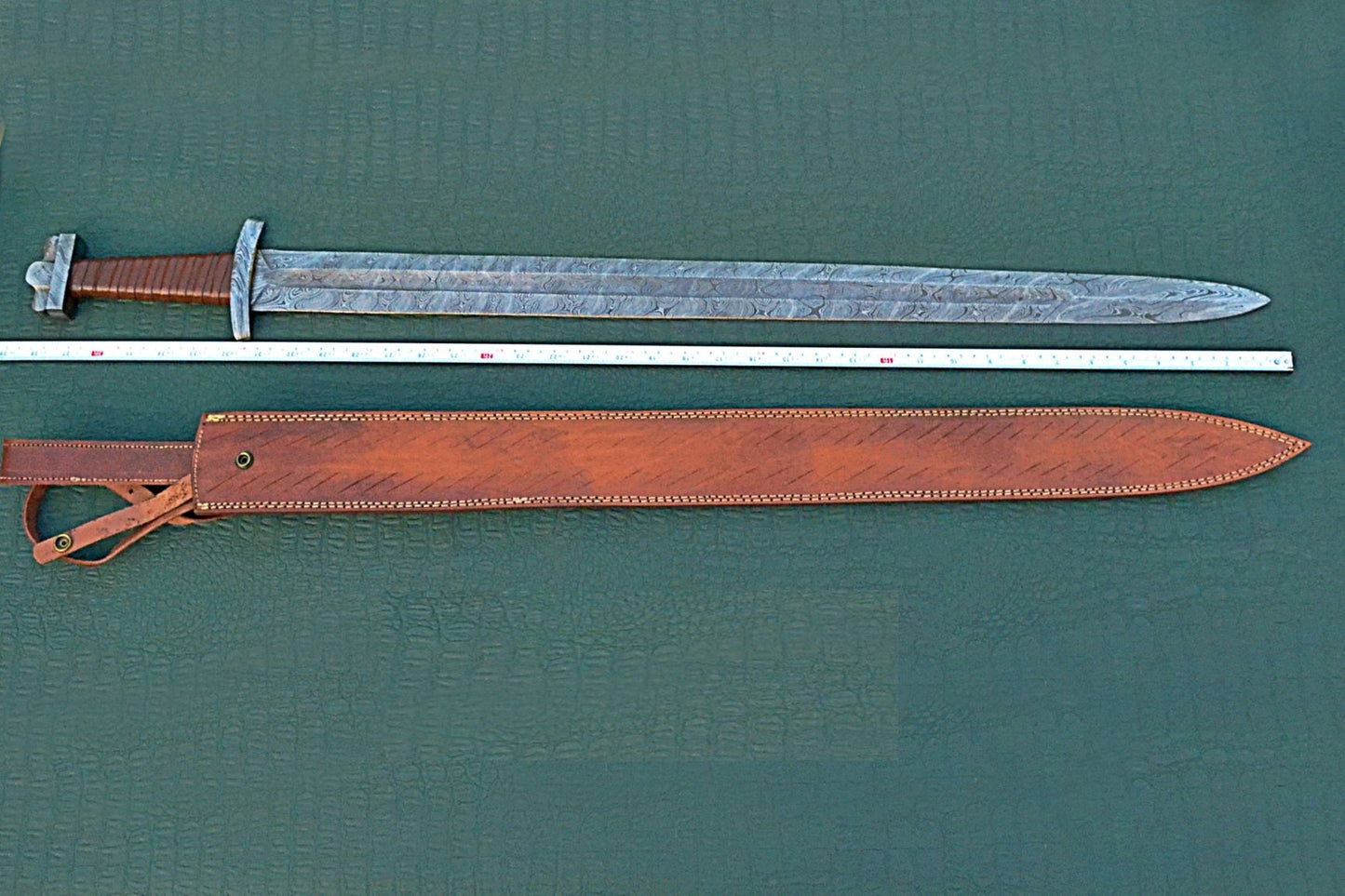 39 inches Long Green Destiny Sword, 31" Long Hand Forged Damascus Steel Double Edge Blade, Solid Damascus Steel Cross hilt Forward and Pommel, Leather Scabbard with Shoulder Stripe