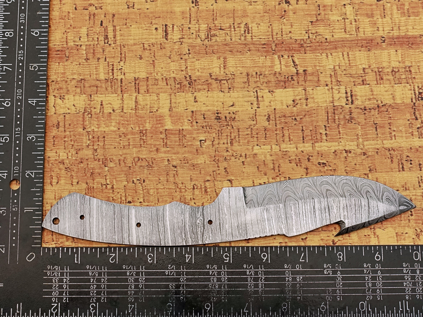10 inches Long Hand Forged Trailing Point Gut Hook Skinning Knife Blade, Knife Making Supplies, Ladder Pattern Damascus Steel Blank Blade Knife with 3 Pin and a lace Hole, 5" long blade with 4.5 inches Cutting Edge