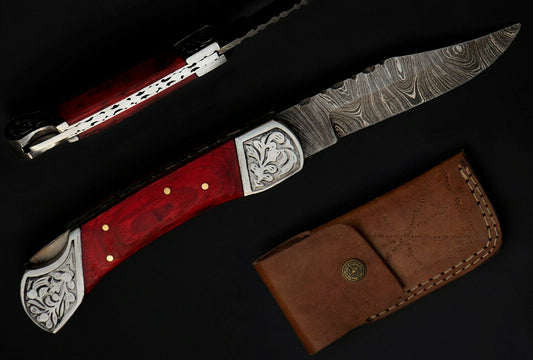 9" long back lock Folding Knife, Red wood Scale with Engraved steel bolster, custom made 4" Hand Forged Damascus steel blade, Cow hide leather sheath with belt loop