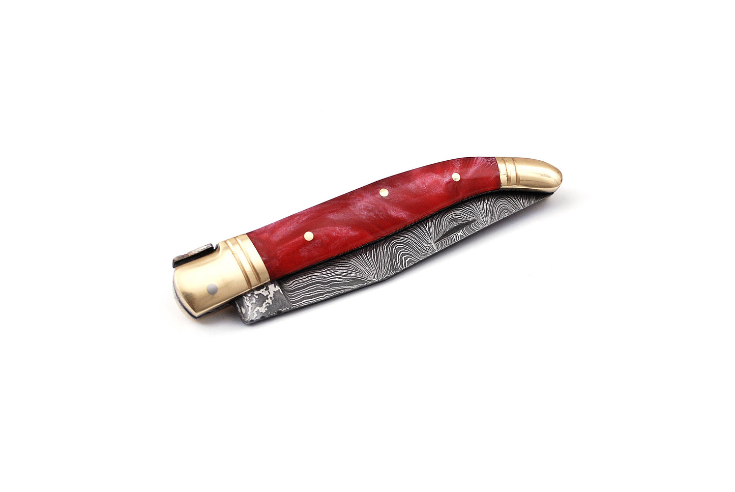 Folding Damascus steel knife, 8.5" Long with 4" hand forged custom twist pattern Blade. Unshrinkable wine color Raisen scale with brass bolster, Cow hide leather sheath included