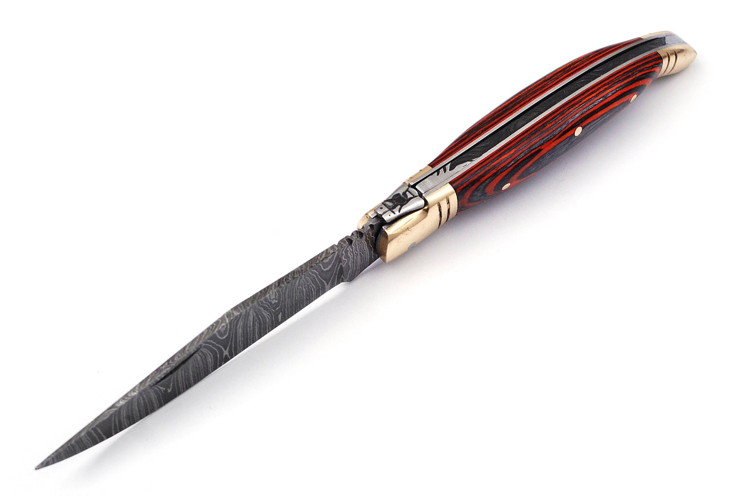 Folding Damascus steel knife, 8.5" Long with 4" hand forged custom twist pattern Blade. Orange & Black wood scale with brass bolster, Cow hide leather sheath included