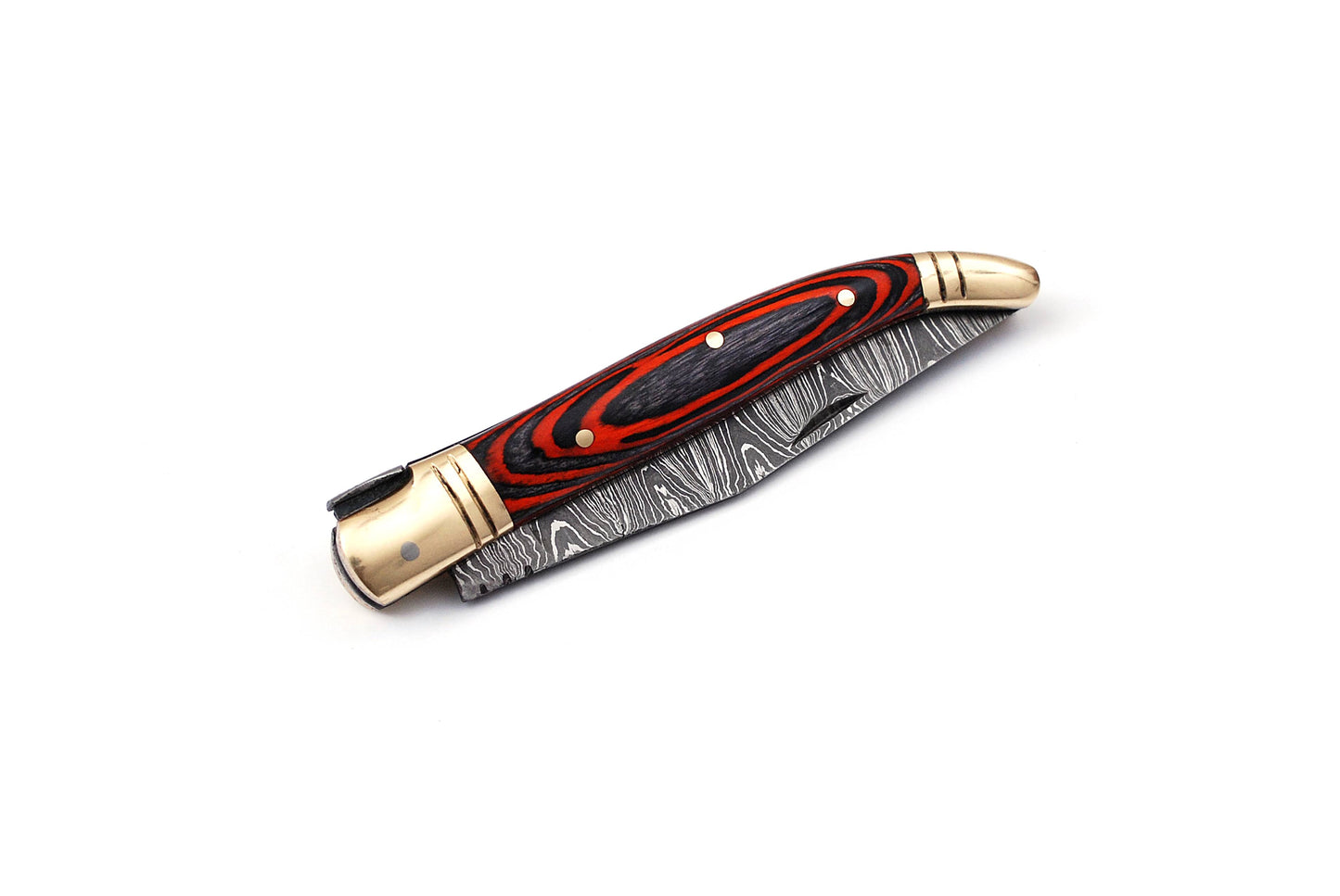 Folding Damascus steel knife, 8.5" Long with 4" hand forged custom twist pattern Blade. Orange & Black wood scale with brass bolster, Cow hide leather sheath included