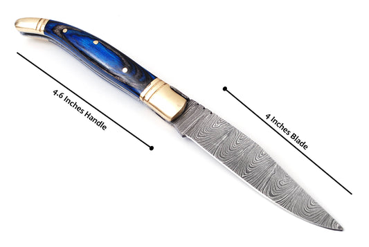 Copy of Laguiole Folding Damascus steel knife, 8.5" Long with 4" hand forged custom twist pattern Blade. 2 tone Blue wood scale with brass bolster, Cow hide leather sheath included