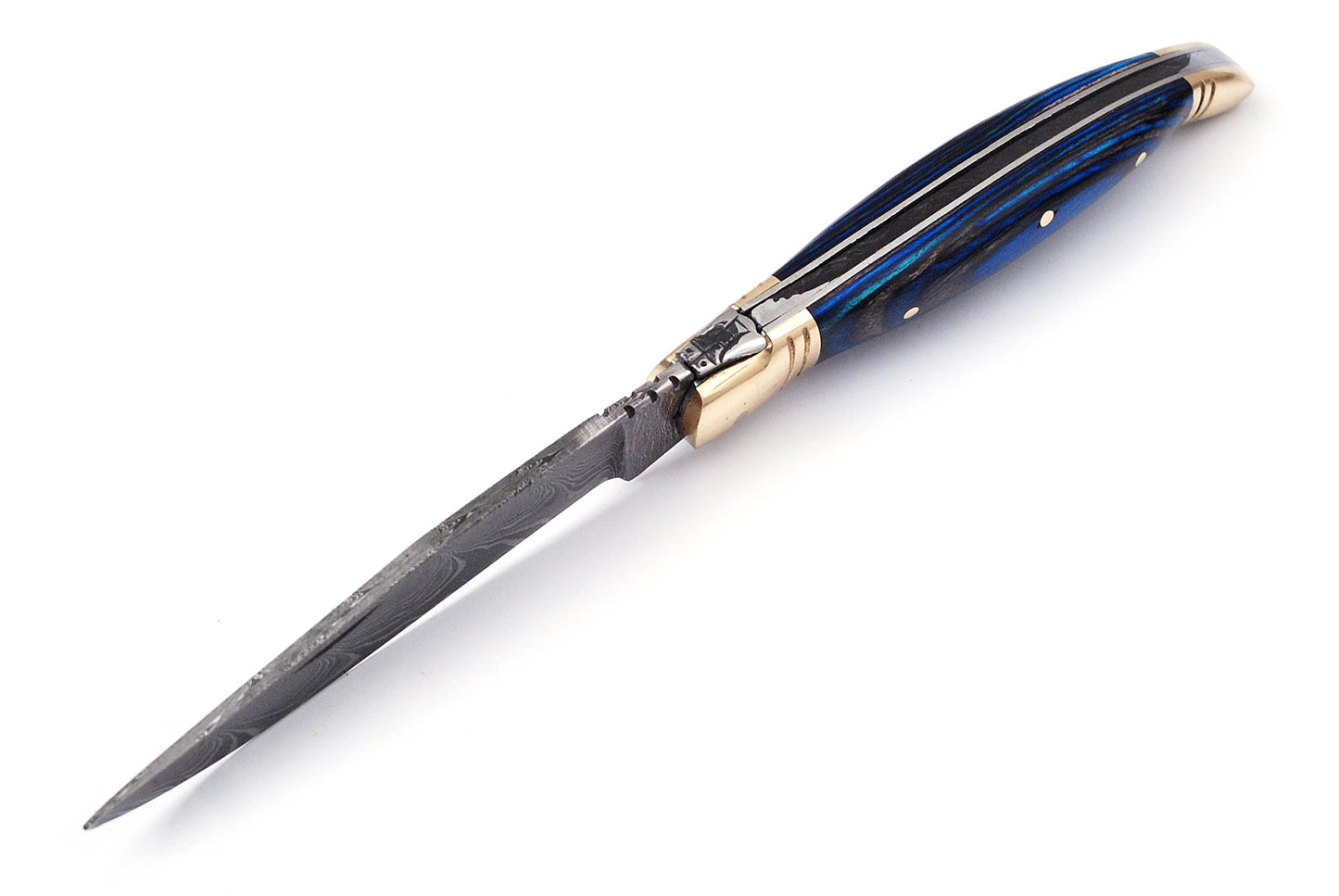 Copy of Laguiole Folding Damascus steel knife, 8.5" Long with 4" hand forged custom twist pattern Blade. 2 tone Blue wood scale with brass bolster, Cow hide leather sheath included