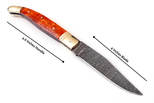 Laguiole Folding Damascus steel knife, 8.5" Long with 4" hand forged custom twist pattern Blade.Orange color unshrinkable Raisen scale with brass bolster, Cow hide leather sheath included
