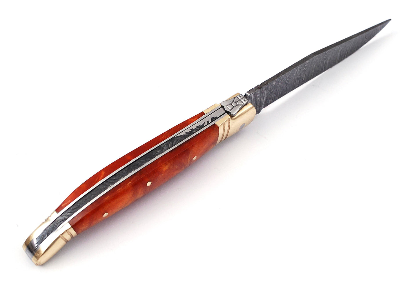 Laguiole Folding Damascus steel knife, 8.5" Long with 4" hand forged custom twist pattern Blade.Orange color unshrinkable Raisen scale with brass bolster, Cow hide leather sheath included