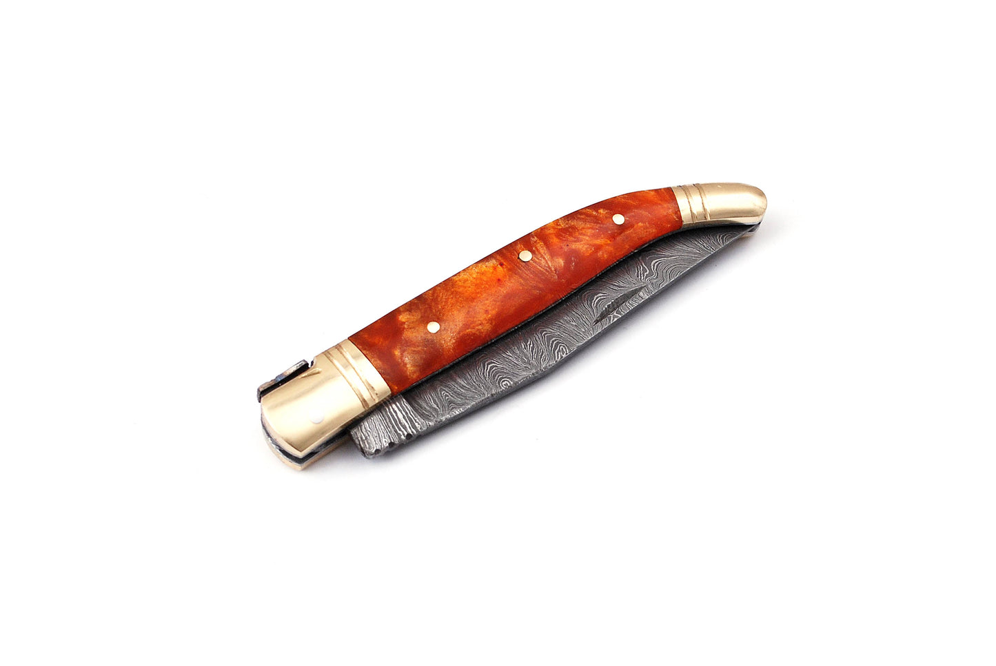 Laguiole Folding Damascus steel knife, 8.5" Long with 4" hand forged custom twist pattern Blade.Orange color unshrinkable Raisen scale with brass bolster, Cow hide leather sheath included