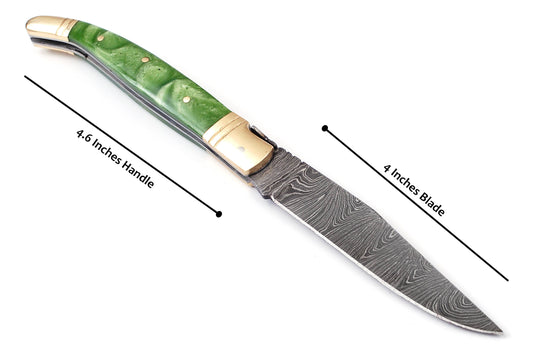 Laguiole Folding Damascus steel knife, 8.5" Long with 4" hand forged custom twist pattern Blade. Green color unshrinkable Raisen scale with brass bolster, Cow hide leather sheath included