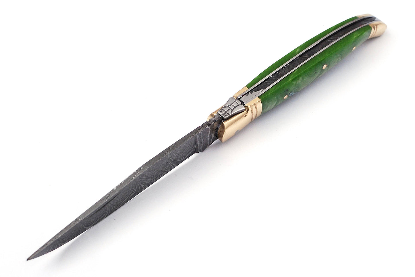 Laguiole Folding Damascus steel knife, 8.5" Long with 4" hand forged custom twist pattern Blade. Green color unshrinkable Raisen scale with brass bolster, Cow hide leather sheath included