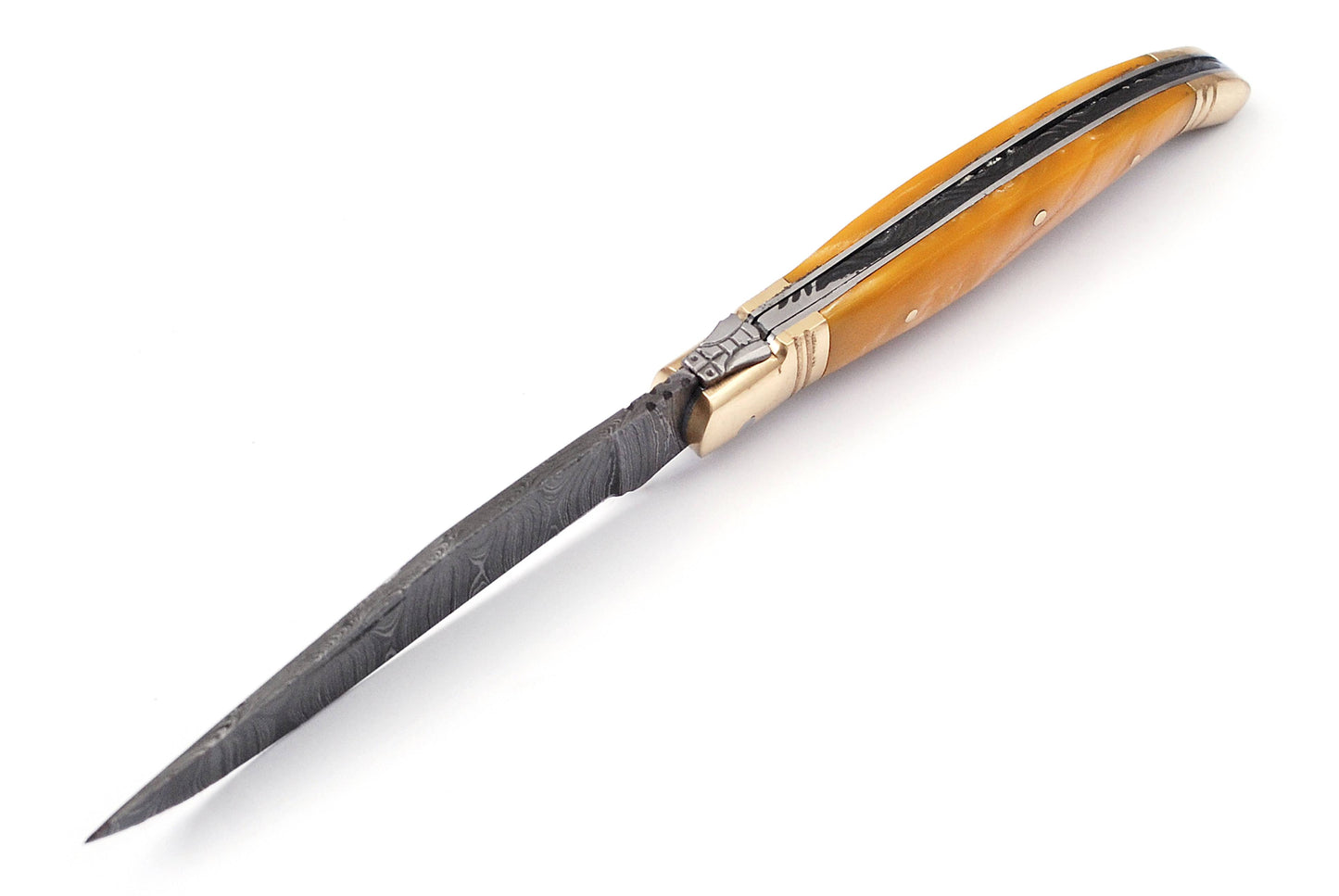 Copy of Laguiole Folding Damascus steel knife, 8.5" Long with 4" hand forged custom twist pattern Blade. Beige color unshrinkable Raisen scale with brass bolster, Cow hide leather sheath included