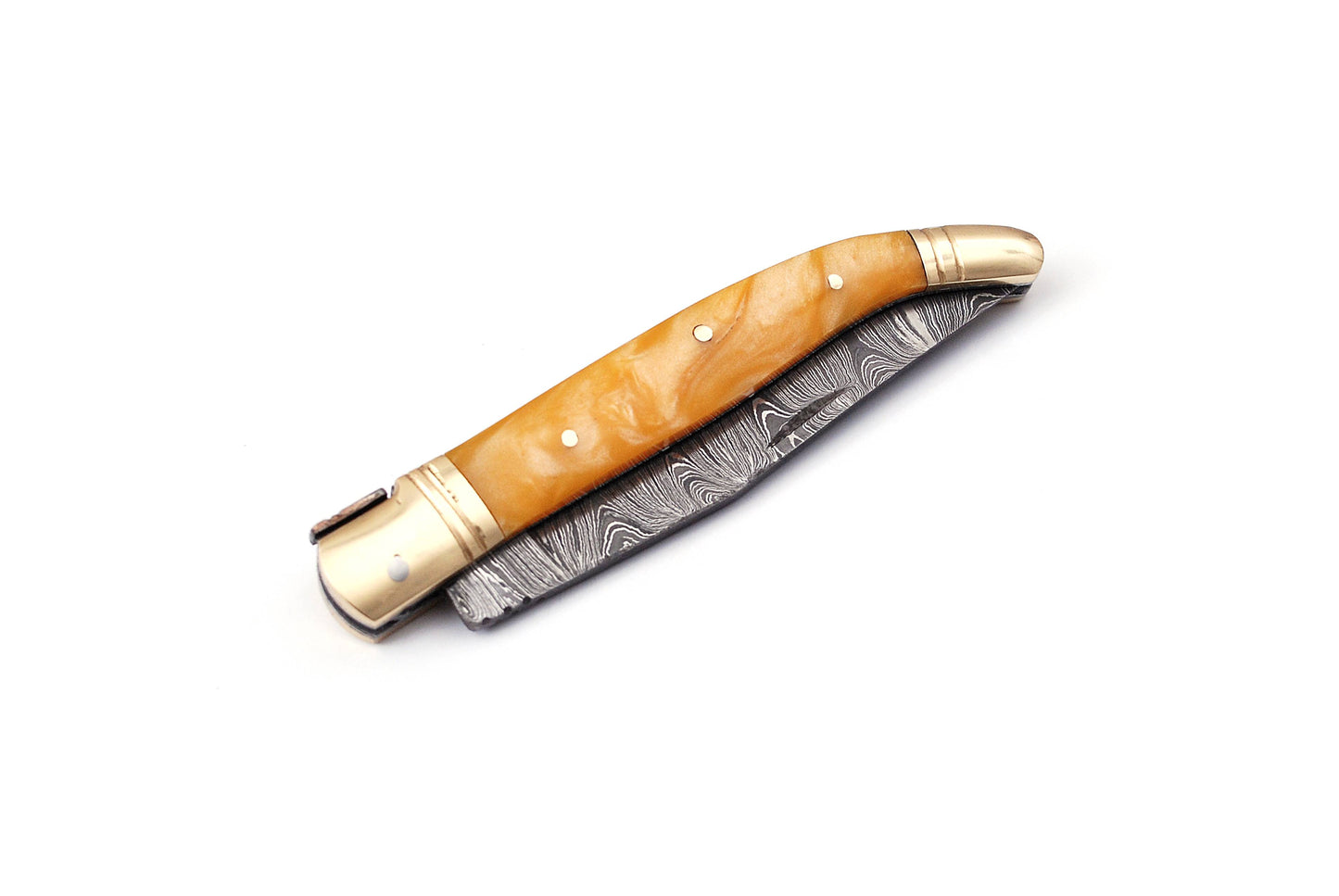 Copy of Laguiole Folding Damascus steel knife, 8.5" Long with 4" hand forged custom twist pattern Blade. Beige color unshrinkable Raisen scale with brass bolster, Cow hide leather sheath included