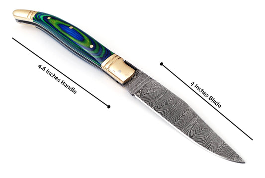 Folding Damascus steel knife, 8.5" Long with 4" hand forged custom twist pattern Blade. 2 tone Blue & Green wood scale with brass bolster, Cow hide leather sheath included
