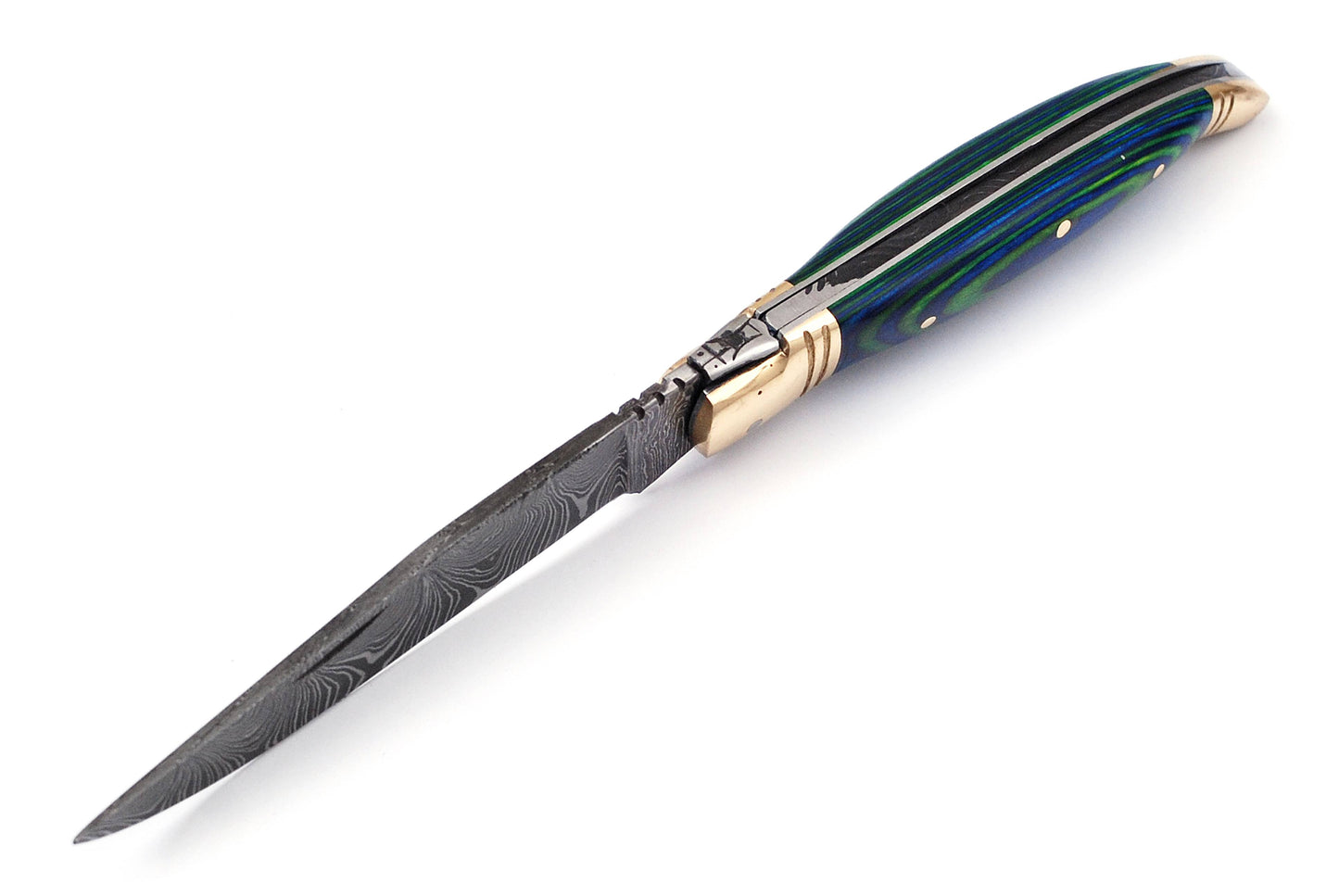 Folding Damascus steel knife, 8.5" Long with 4" hand forged custom twist pattern Blade. 2 tone Blue & Green wood scale with brass bolster, Cow hide leather sheath included