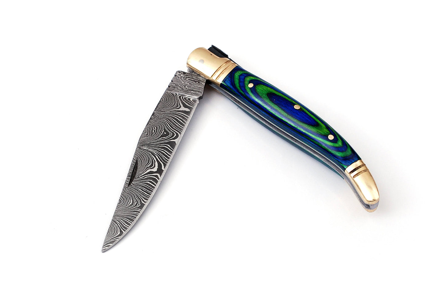 Folding Damascus steel knife, 8.5" Long with 4" hand forged custom twist pattern Blade. 2 tone Blue & Green wood scale with brass bolster, Cow hide leather sheath included