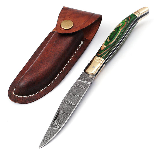 Folding Damascus steel knife, 8.5" Long with 4" hand forged custom twist pattern Blade.2 tone green wood scale with brass bolster, Cow hide leather sheath included