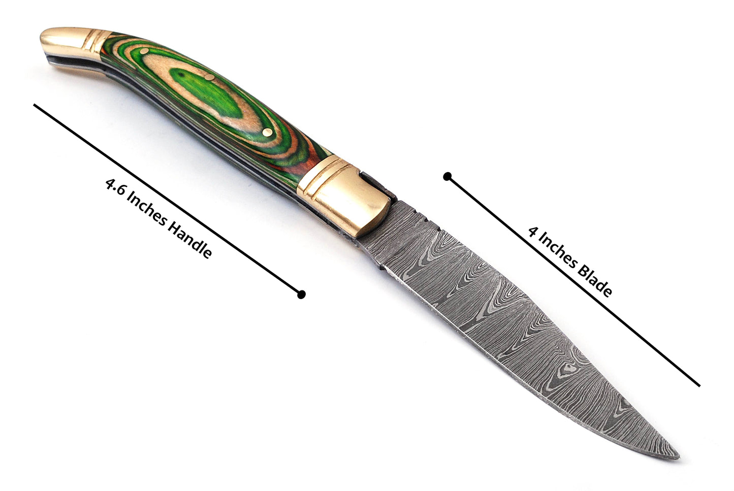 Folding Damascus steel knife, 8.5" Long with 4" hand forged custom twist pattern Blade.2 tone green wood scale with brass bolster, Cow hide leather sheath included