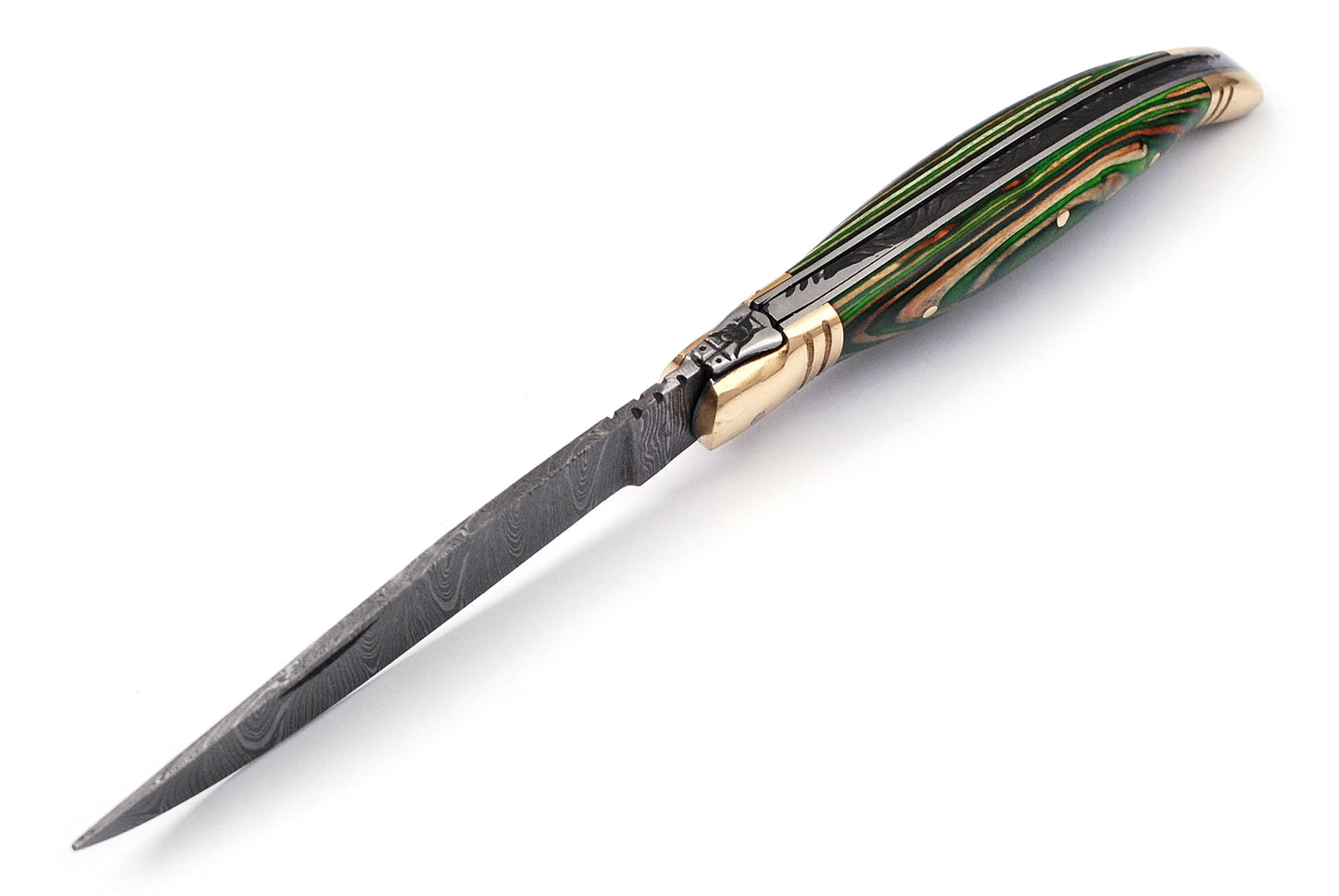 Folding Damascus steel knife, 8.5" Long with 4" hand forged custom twist pattern Blade.2 tone green wood scale with brass bolster, Cow hide leather sheath included