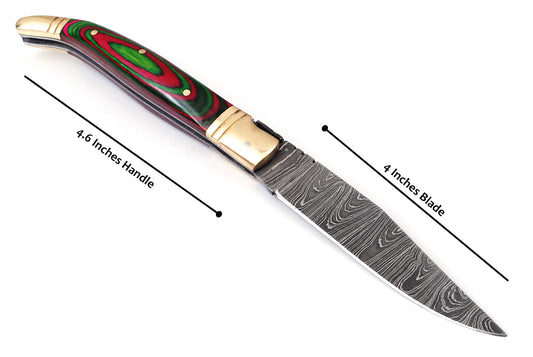 Copy of Copy of Laguiole Folding Damascus steel knife, 8.5" Long with 4" hand forged custom twist pattern Blade. Red & Green wood scale with brass bolster, Cow hide leather sheath included