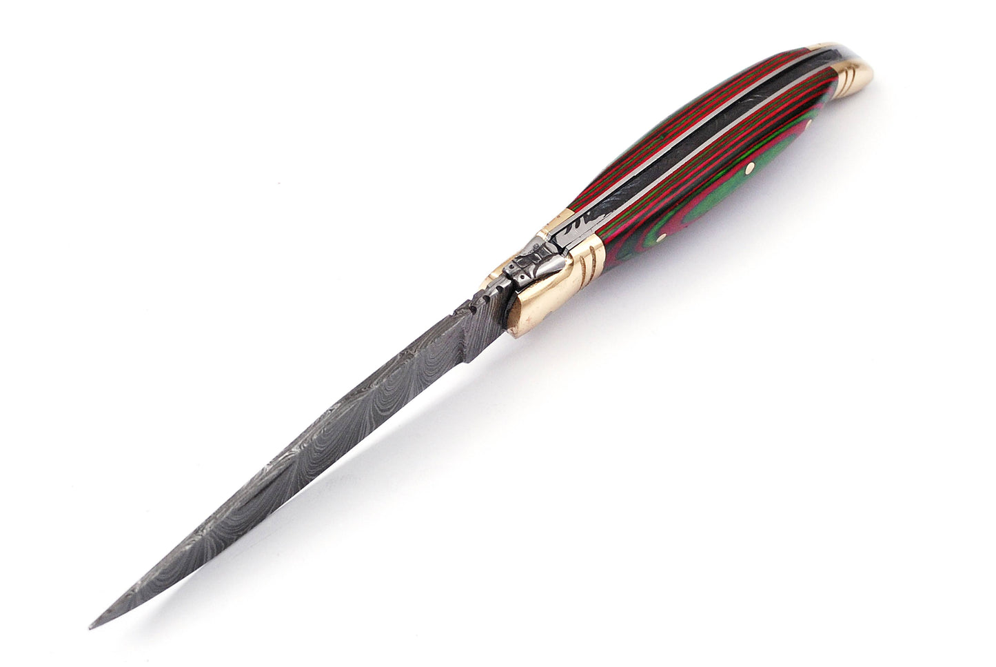Copy of Copy of Laguiole Folding Damascus steel knife, 8.5" Long with 4" hand forged custom twist pattern Blade. Red & Green wood scale with brass bolster, Cow hide leather sheath included
