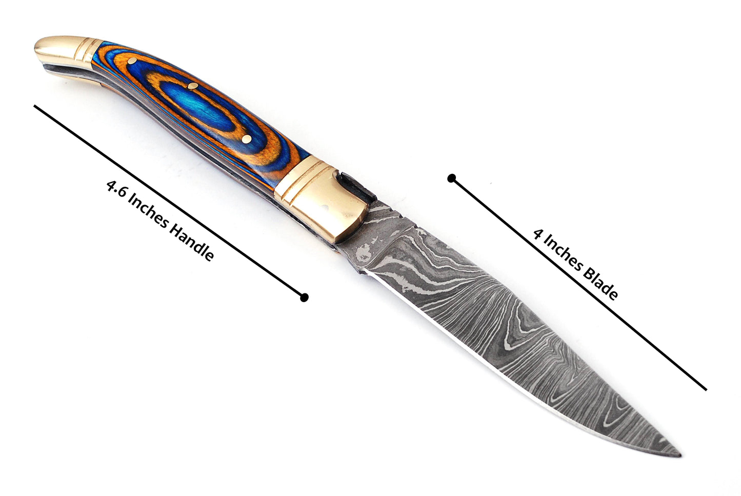 Laguiole Folding Damascus steel knife, 8.5" Long with 4" hand forged custom twist pattern Blade.Blue & Orange wood scale with brass bolster, Cow hide leather sheath included