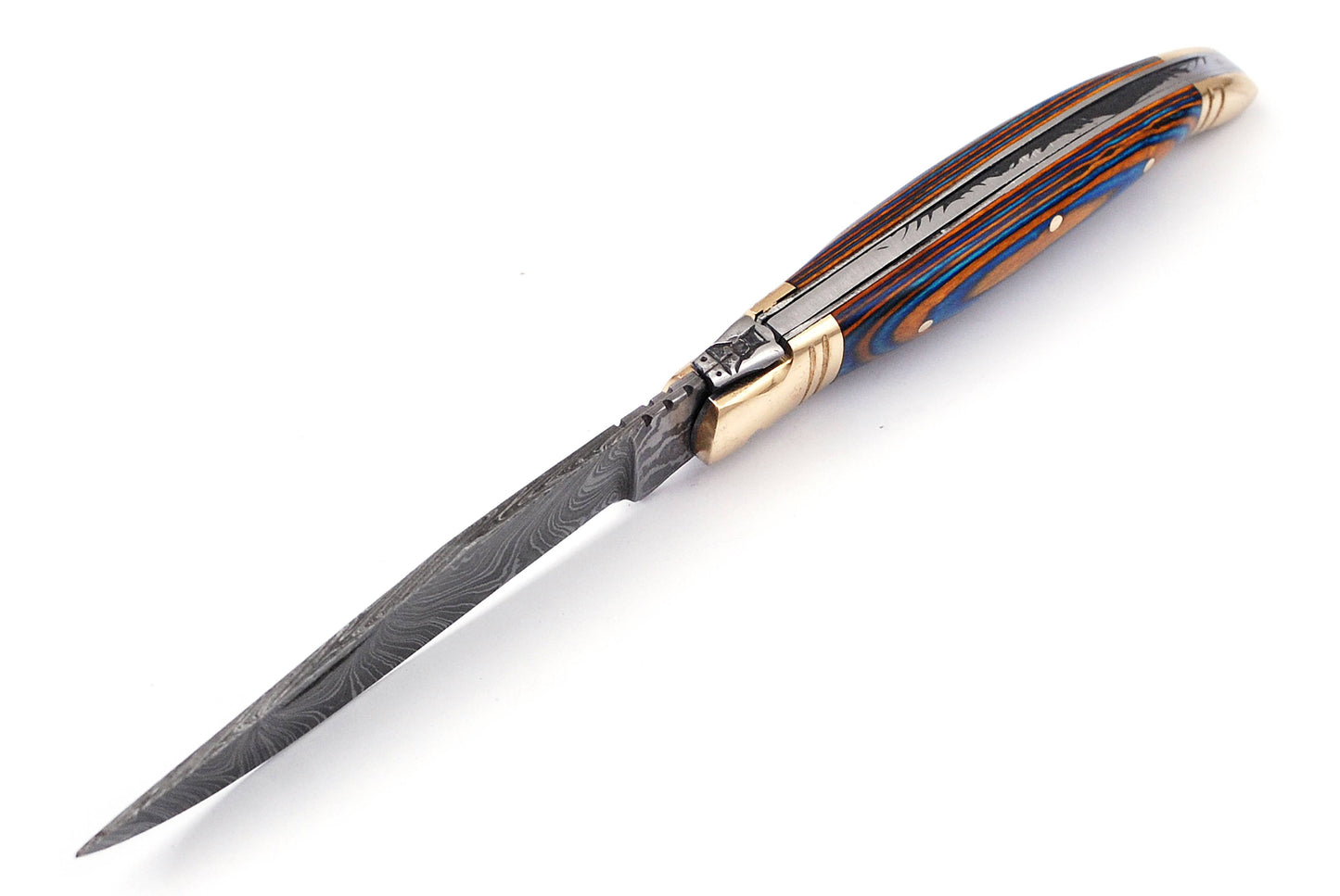 Laguiole Folding Damascus steel knife, 8.5" Long with 4" hand forged custom twist pattern Blade.Blue & Orange wood scale with brass bolster, Cow hide leather sheath included