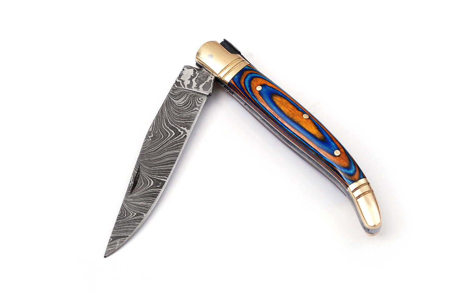 Laguiole Folding Damascus steel knife, 8.5" Long with 4" hand forged custom twist pattern Blade.Blue & Orange wood scale with brass bolster, Cow hide leather sheath included
