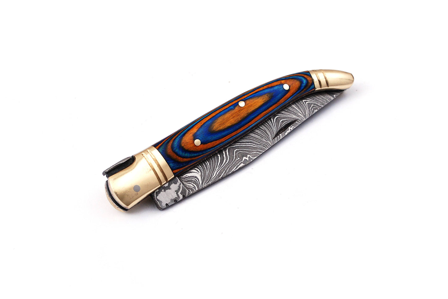 Laguiole Folding Damascus steel knife, 8.5" Long with 4" hand forged custom twist pattern Blade.Blue & Orange wood scale with brass bolster, Cow hide leather sheath included