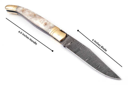 Laguiole Folding Damascus steel knife, 8.5" Long with 4" hand forged custom twist pattern Blade.White color unshrinkable Raisen scale with brass bolster, Cow hide leather sheath included