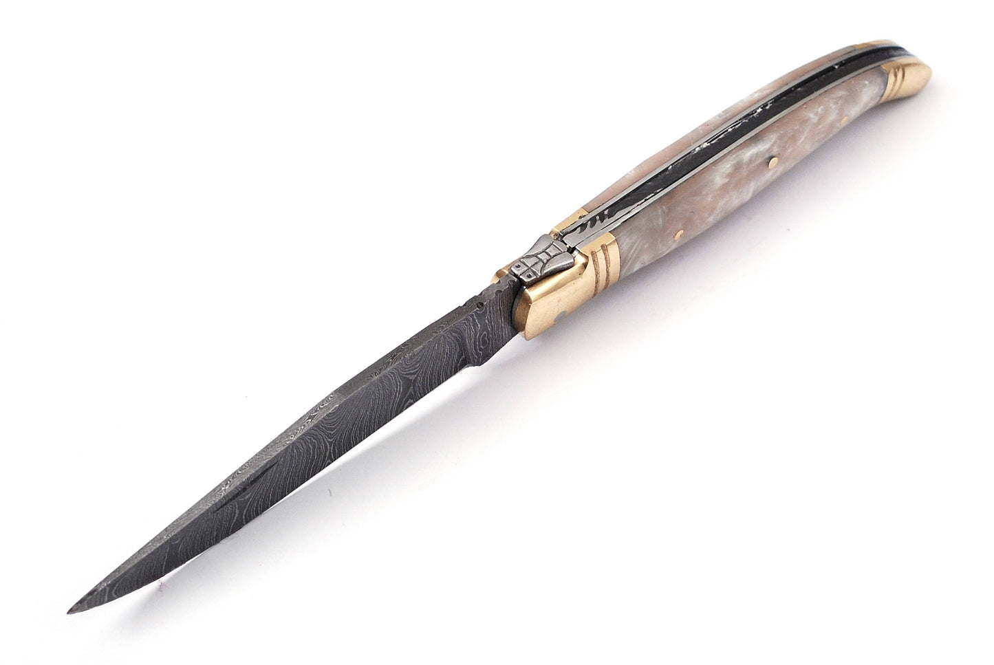 Laguiole Folding Damascus steel knife, 8.5" Long with 4" hand forged custom twist pattern Blade.White color unshrinkable Raisen scale with brass bolster, Cow hide leather sheath included