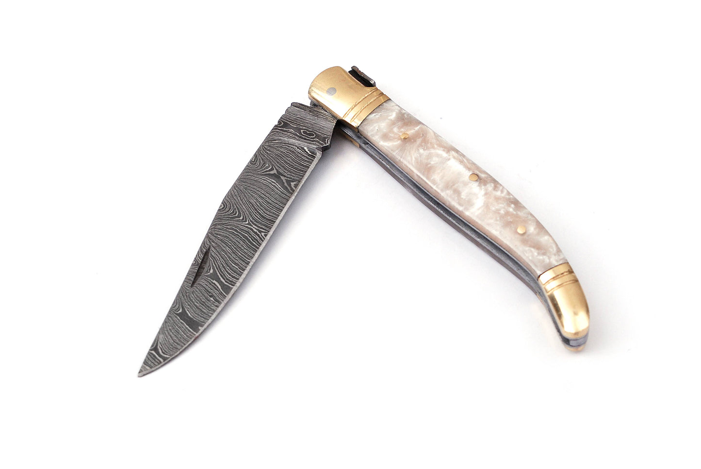 Laguiole Folding Damascus steel knife, 8.5" Long with 4" hand forged custom twist pattern Blade.White color unshrinkable Raisen scale with brass bolster, Cow hide leather sheath included