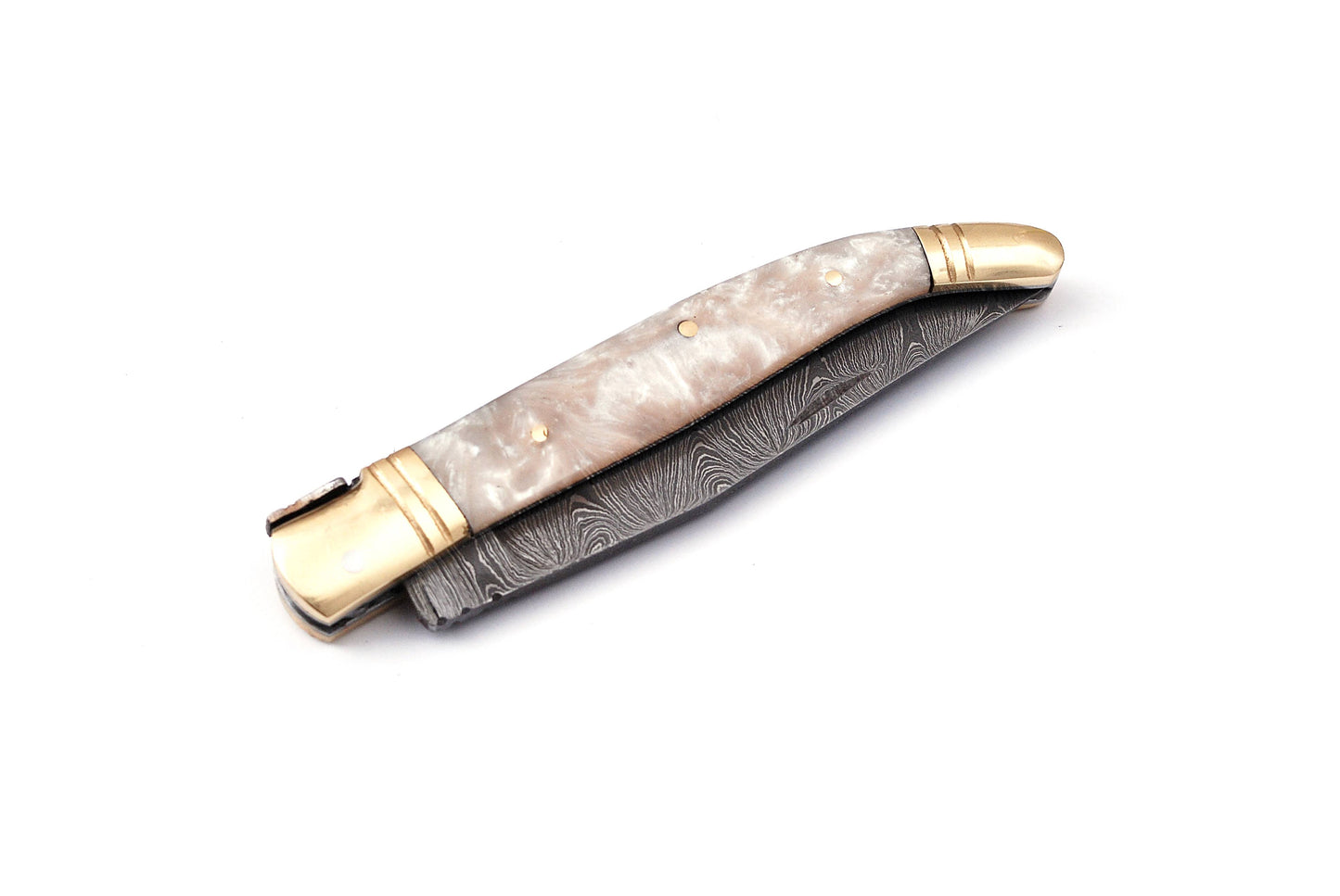 Laguiole Folding Damascus steel knife, 8.5" Long with 4" hand forged custom twist pattern Blade.White color unshrinkable Raisen scale with brass bolster, Cow hide leather sheath included