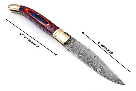 Copy of Laguiole Folding Damascus steel knife, 8.5" Long with 4" hand forged custom twist pattern Blade.Blue & Red wood scale with brass bolster, Cow hide leather sheath included