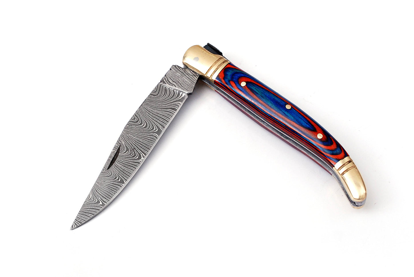 Copy of Laguiole Folding Damascus steel knife, 8.5" Long with 4" hand forged custom twist pattern Blade.Blue & Red wood scale with brass bolster, Cow hide leather sheath included