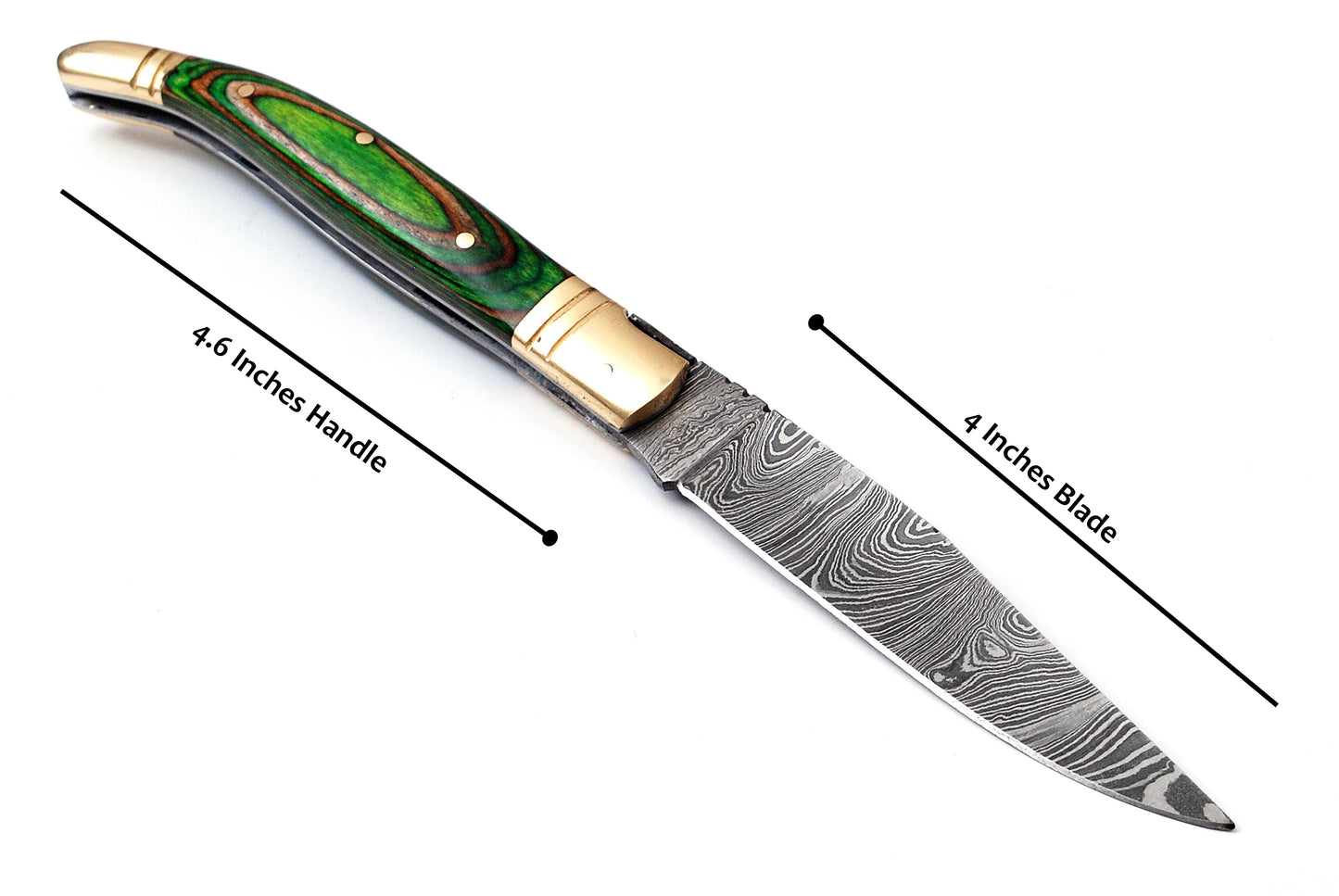 Folding Damascus steel knife, 8.5" Long with 4" hand forged custom twist pattern Blade. 2 tone Green wood scale with brass bolster, Cow hide leather sheath included