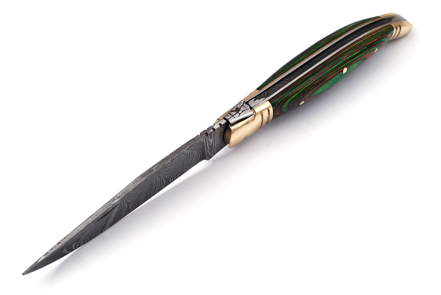 Folding Damascus steel knife, 8.5" Long with 4" hand forged custom twist pattern Blade. 2 tone Green wood scale with brass bolster, Cow hide leather sheath included