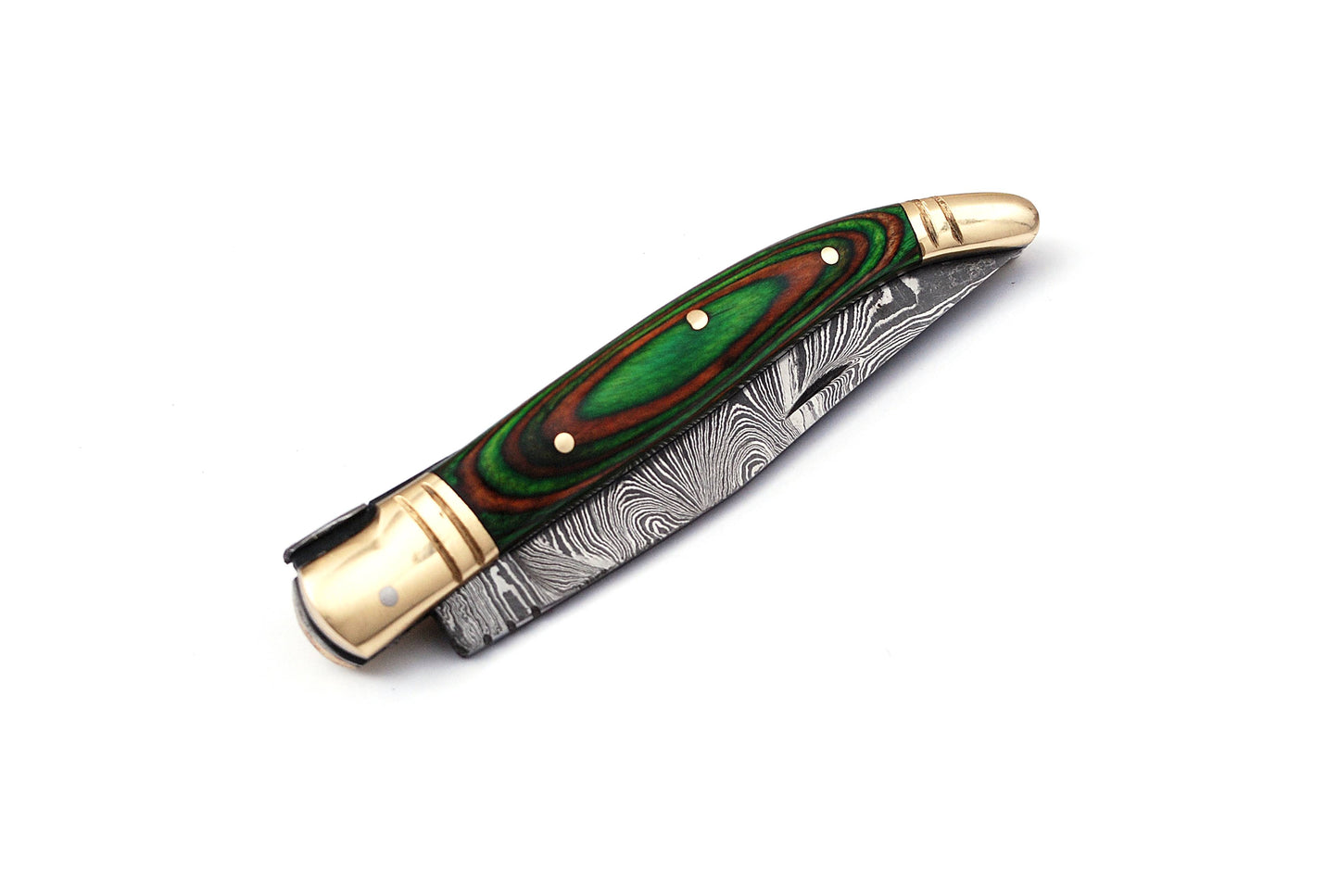 Folding Damascus steel knife, 8.5" Long with 4" hand forged custom twist pattern Blade. 2 tone Green wood scale with brass bolster, Cow hide leather sheath included