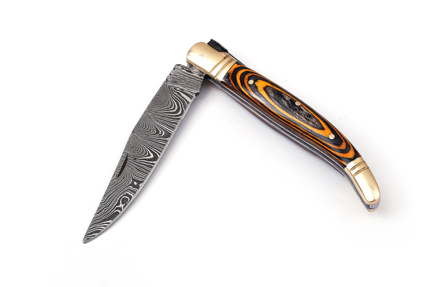 Copy of Folding Damascus steel knife, 8.5" Long with 4" hand forged custom twist pattern Blade. 2 tone Brown wood scale with brass bolster, Cow hide leather sheath included
