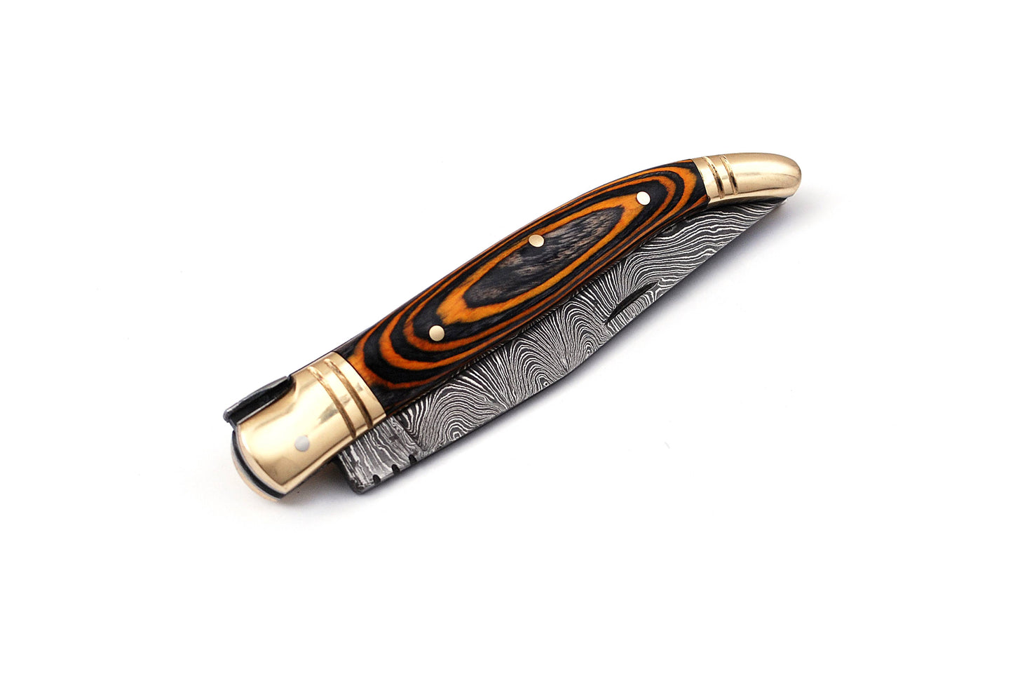 Copy of Folding Damascus steel knife, 8.5" Long with 4" hand forged custom twist pattern Blade. 2 tone Brown wood scale with brass bolster, Cow hide leather sheath included