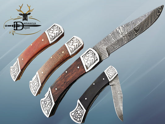 9" long back lock Folding Knife, 2 tone Red wood Scale with Engraved steel bolster, custom made 4" Hand Forged Damascus steel blade, Cow hide leather sheath with belt loop