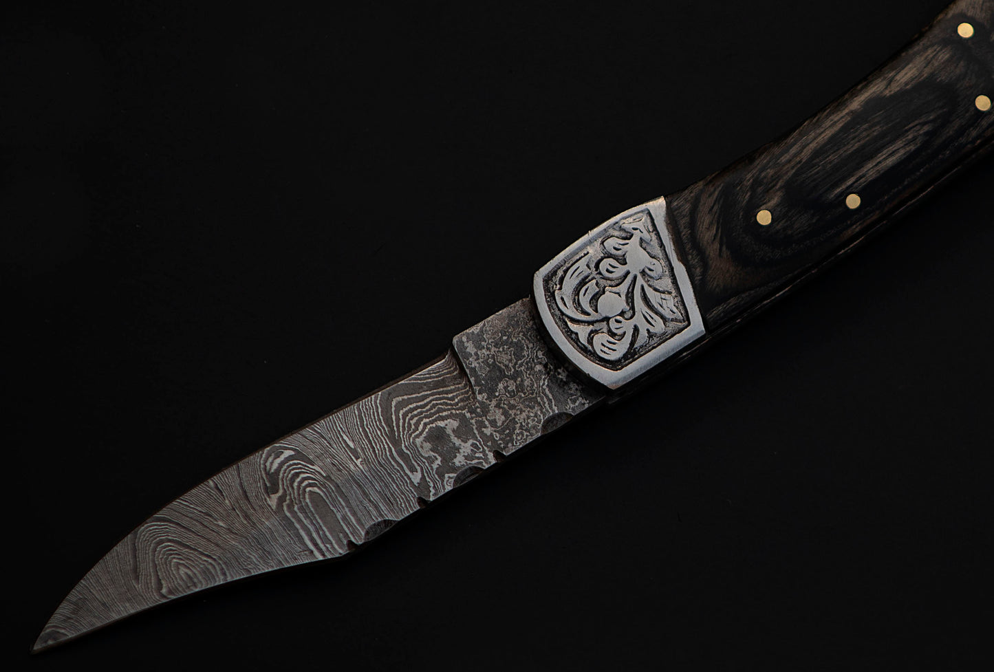 9" long back lock Folding Knife, Black wood Scale with Engraved steel bolster, custom made 4" Hand Forged Damascus steel blade, Cow hide leather sheath with belt loop